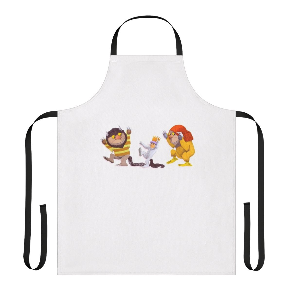 Whimsical apron featuring dancing wild monsters and wolves from the classic children's book "Where the Wild Things Are"