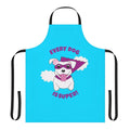 White dog wearing a superhero cape and flying, on an apron