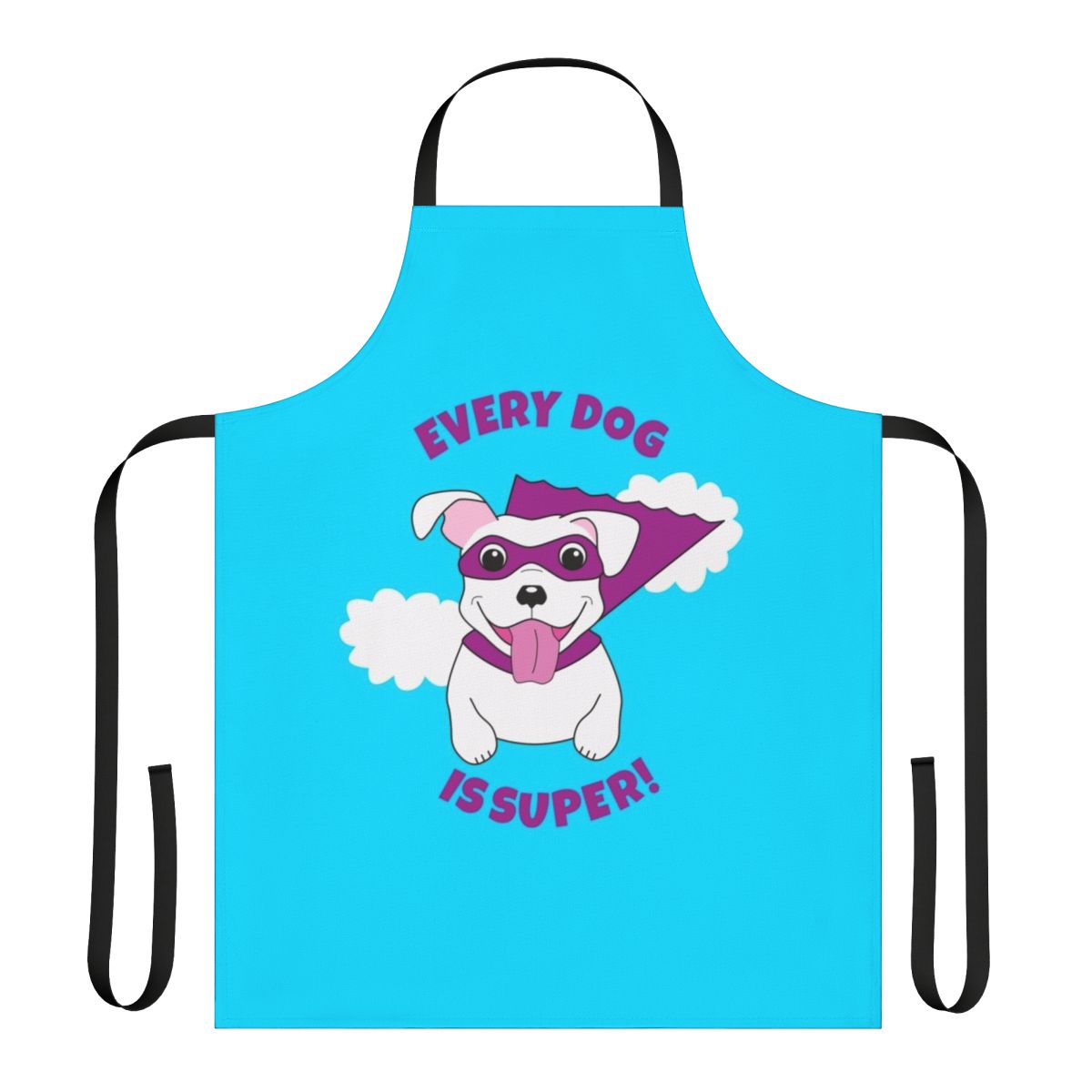 White dog wearing a superhero cape and flying, on an apron