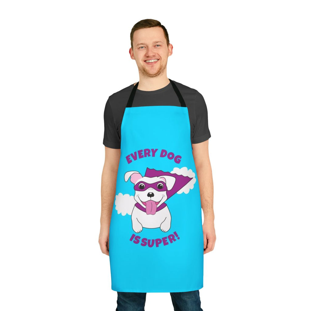 White dog wearing a superhero cape and flying, on an apron