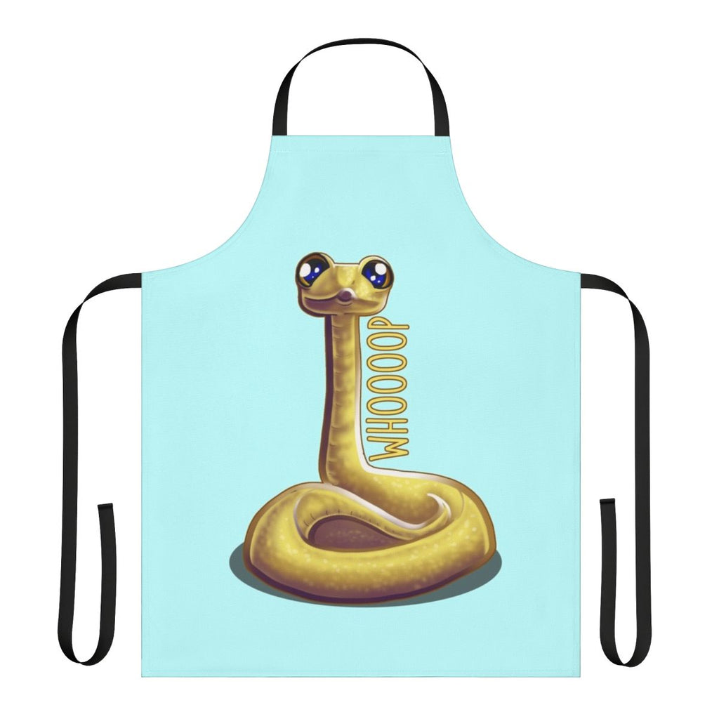 Colorful illustration of a cute, whimsical whooping snake on a kitchen apron