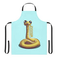 Colorful illustration of a cute, whimsical whooping snake on a kitchen apron