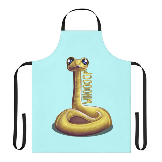 Colorful illustration of a cute, whimsical whooping snake on a kitchen apron