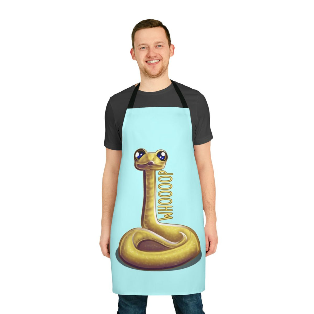 Colorful illustration of a cute, whimsical whooping snake on a kitchen apron