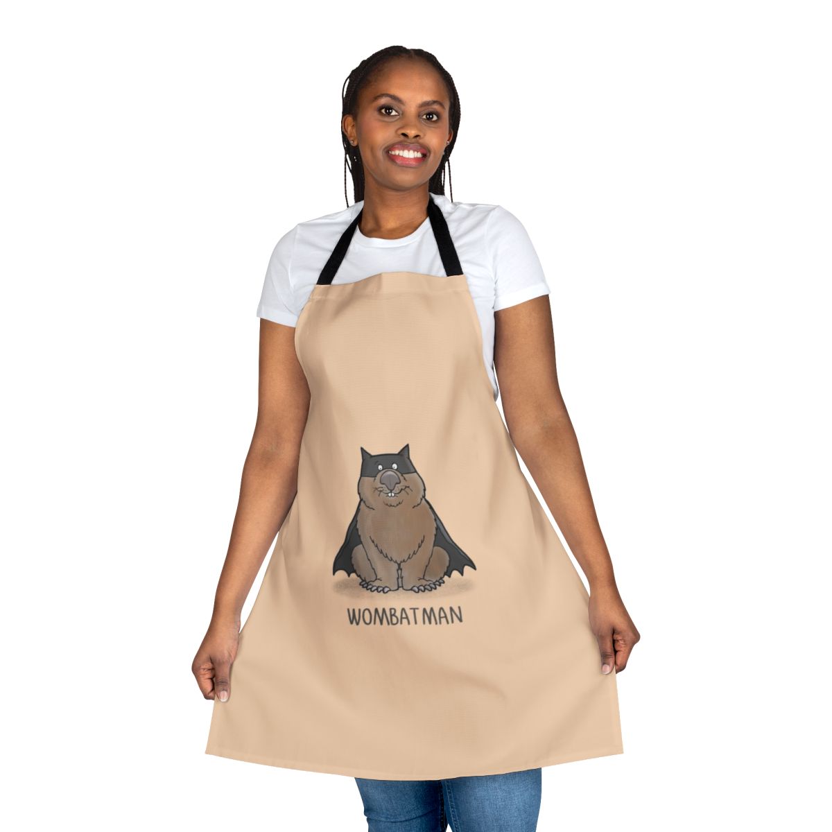 Illustration of a wombat wearing a superhero costume on an apron