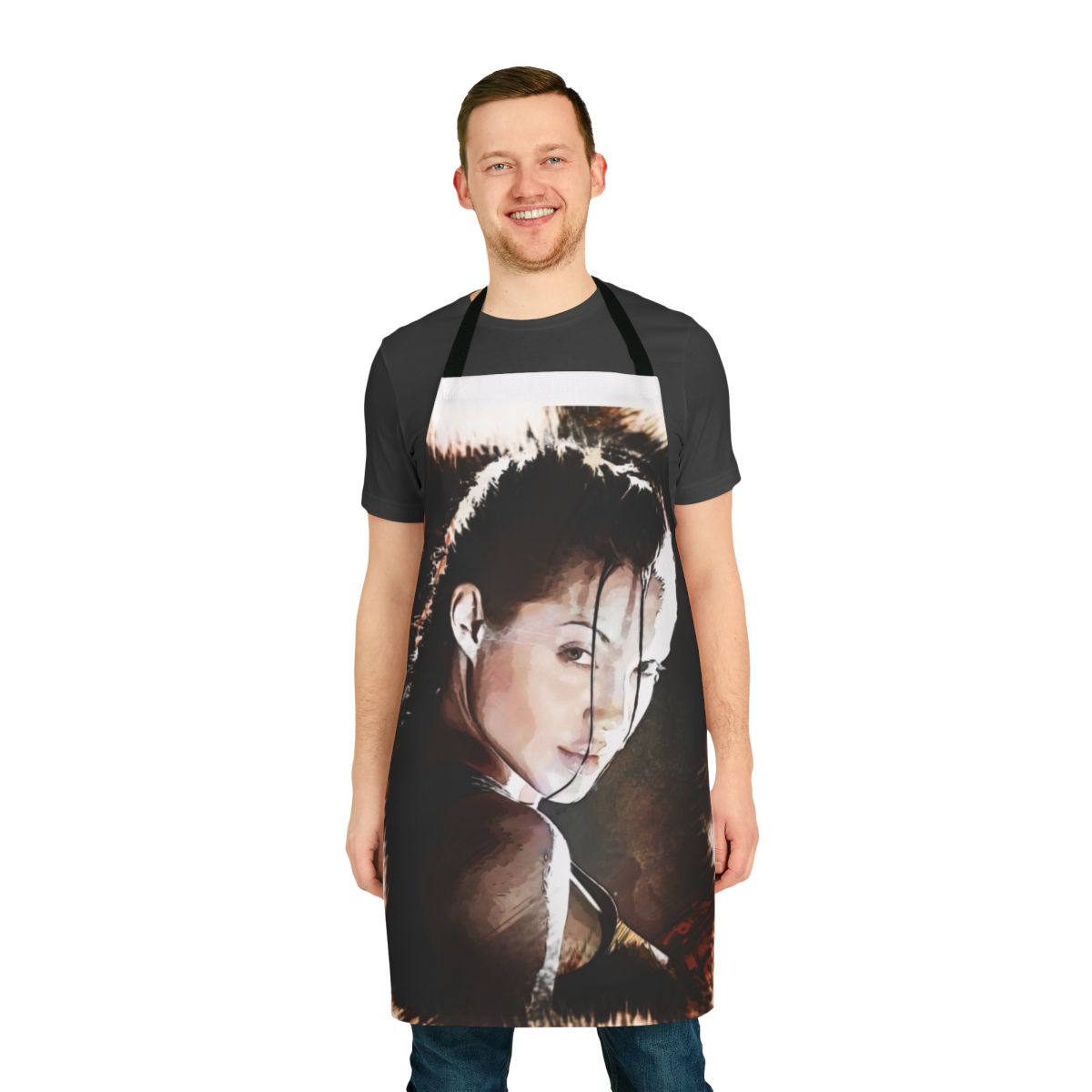 Lara Croft-inspired movie apron with Angelina Jolie design