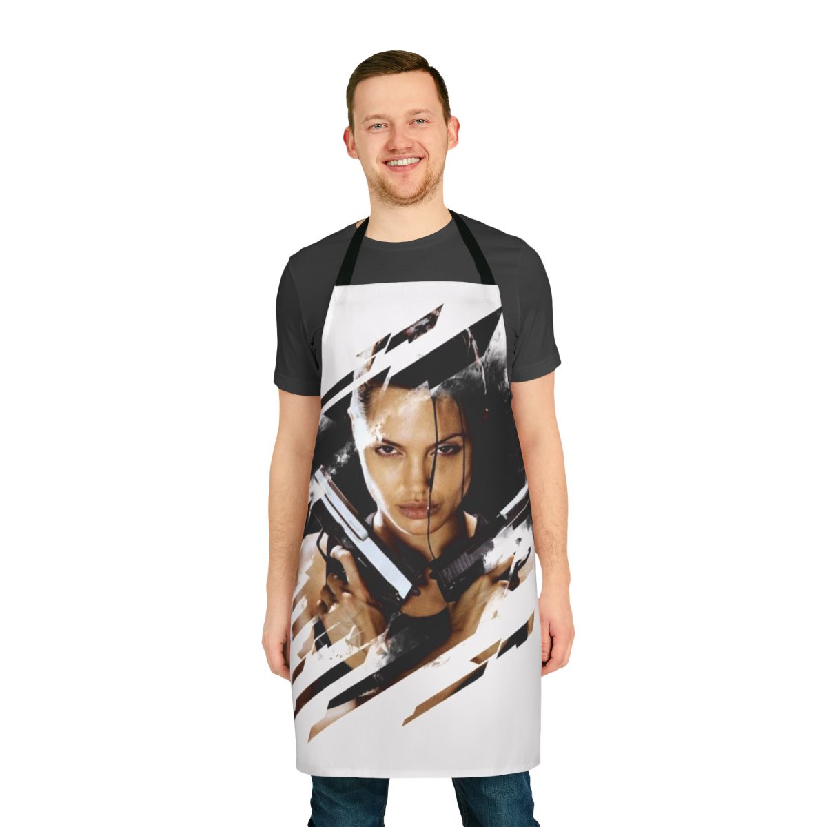 Lara Croft inspired apron with Tomb Raider and Angelina Jolie design