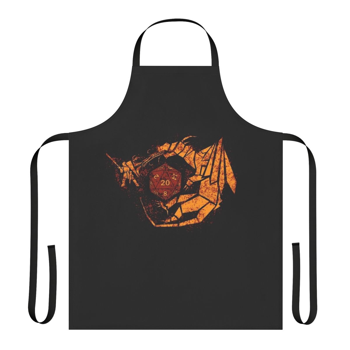 An apron featuring fantasy elements like dragons, dice, and knights for tabletop roleplaying enthusiasts.
