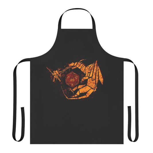 An apron featuring fantasy elements like dragons, dice, and knights for tabletop roleplaying enthusiasts.