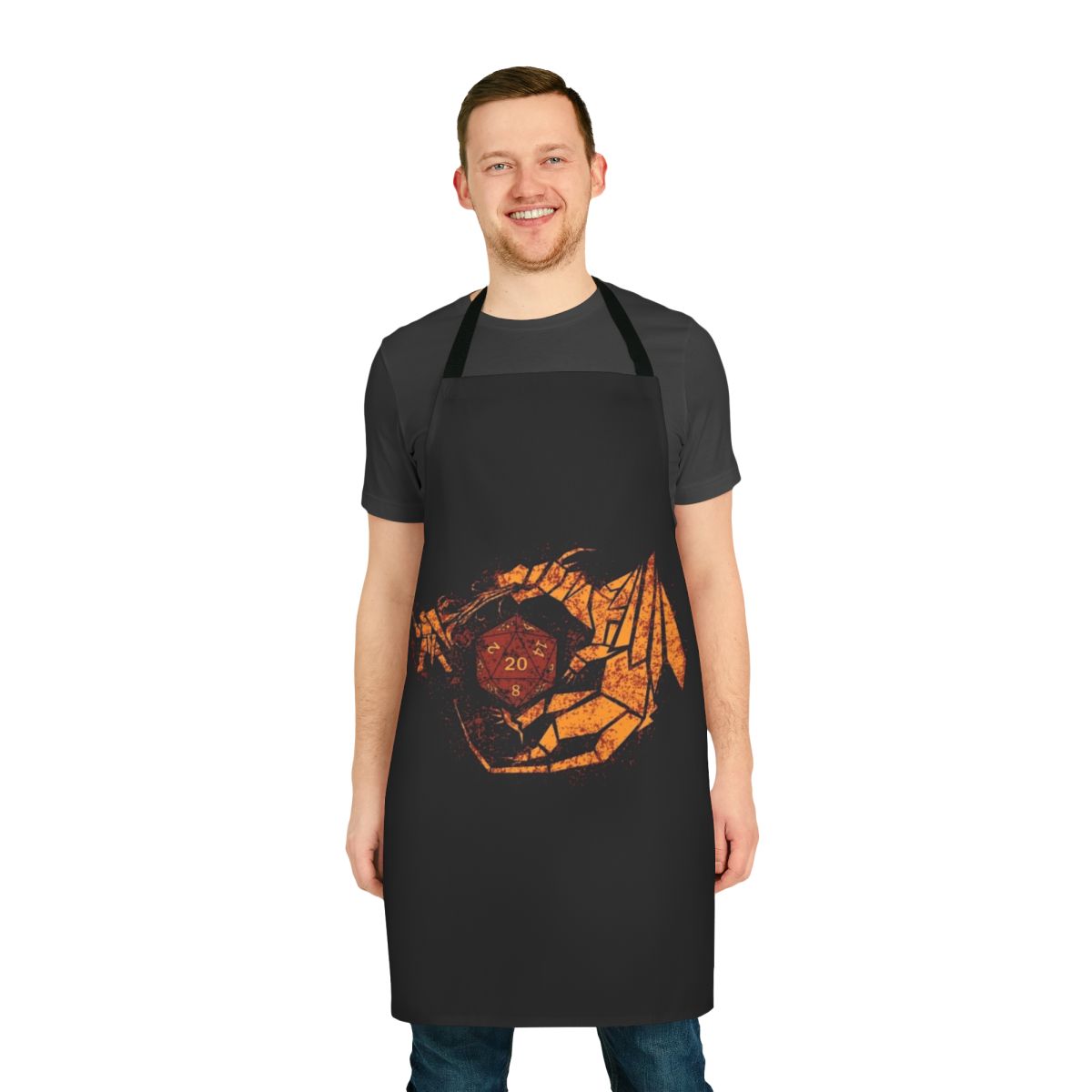 An apron featuring fantasy elements like dragons, dice, and knights for tabletop roleplaying enthusiasts.