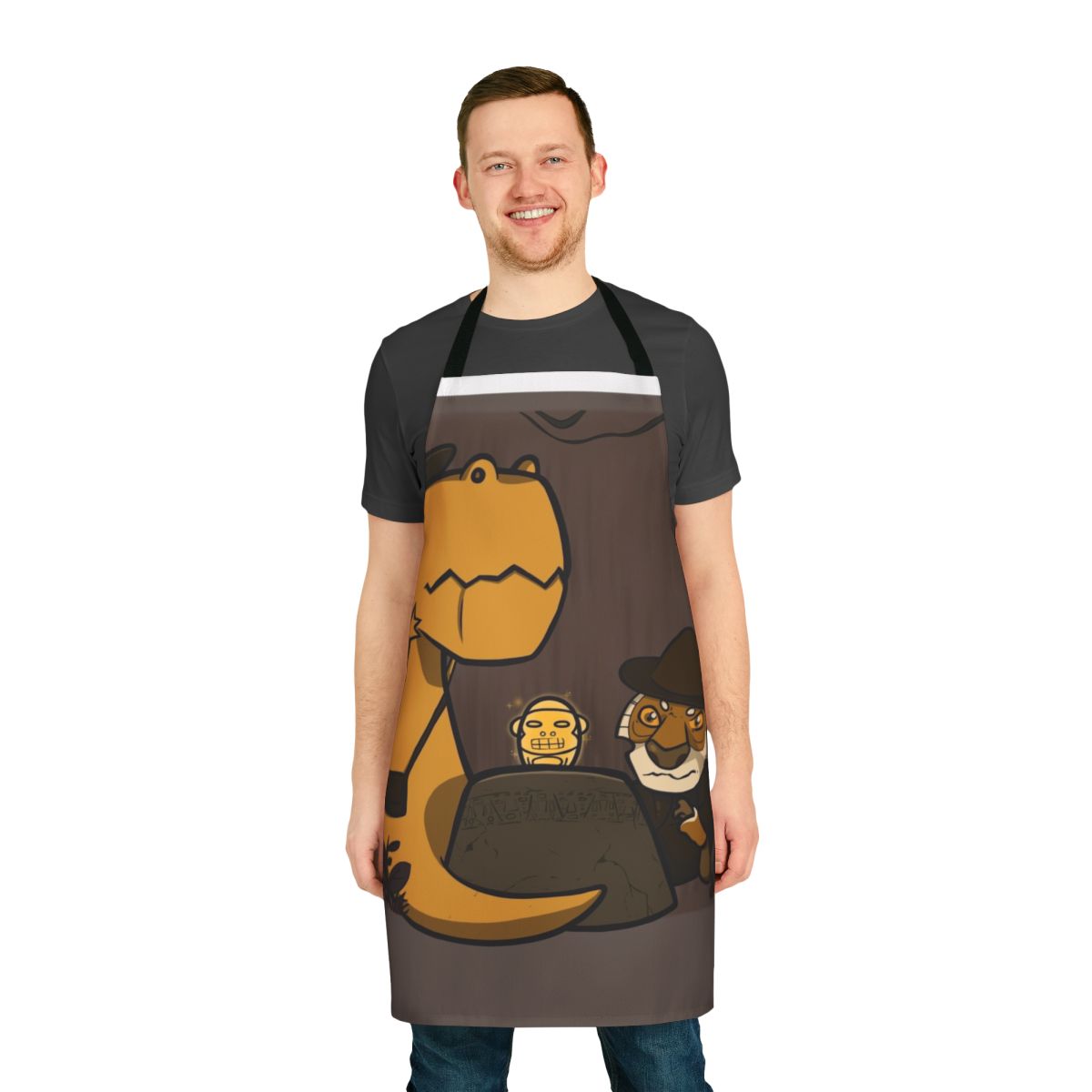 Adventurous Jungle Apron featuring a dinosaur, tiger, and explorer design