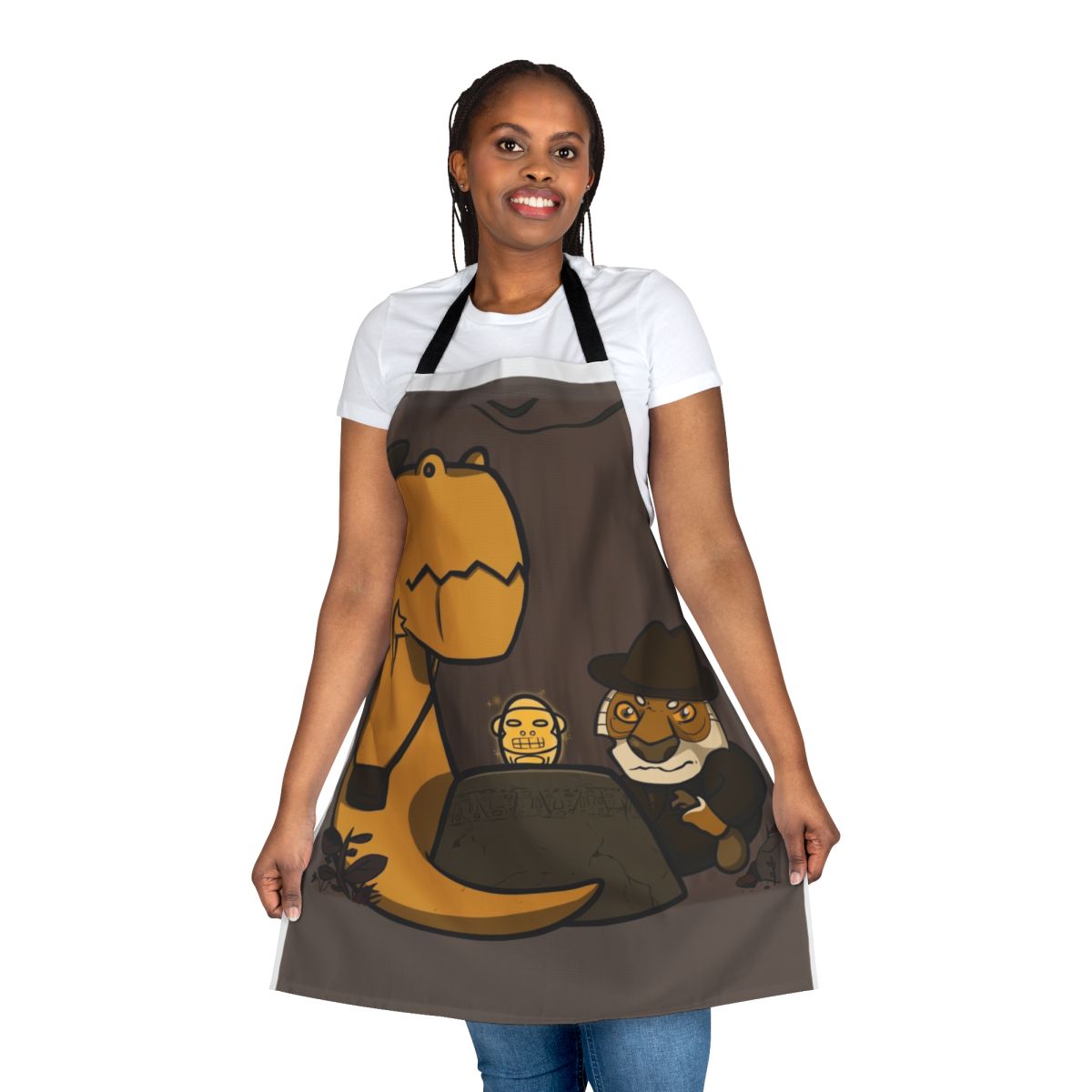 Adventurous Jungle Apron featuring a dinosaur, tiger, and explorer design