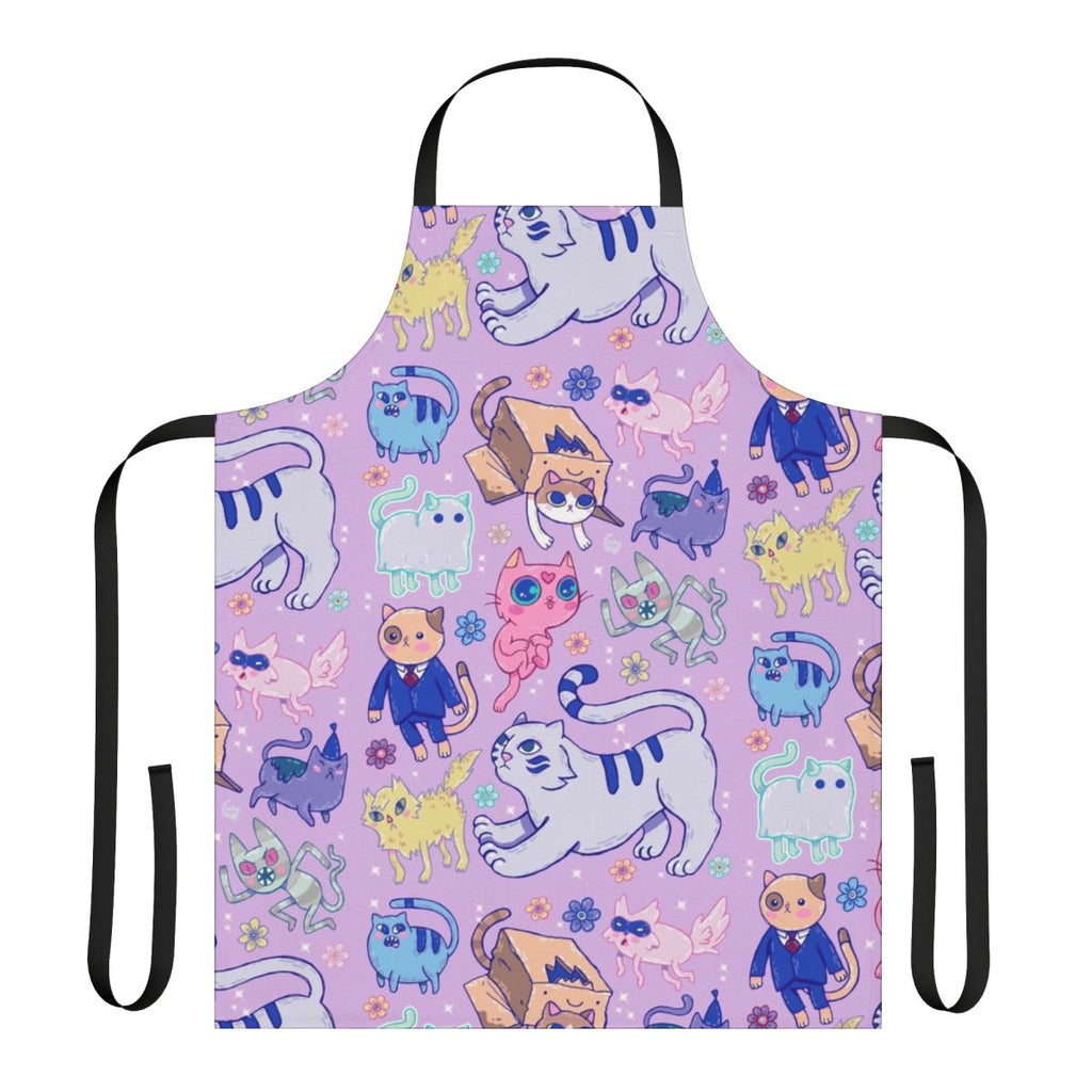 Colorful digital illustration of a cat wearing an apron, featuring characters and elements from the "Adventure Time" cartoon series.