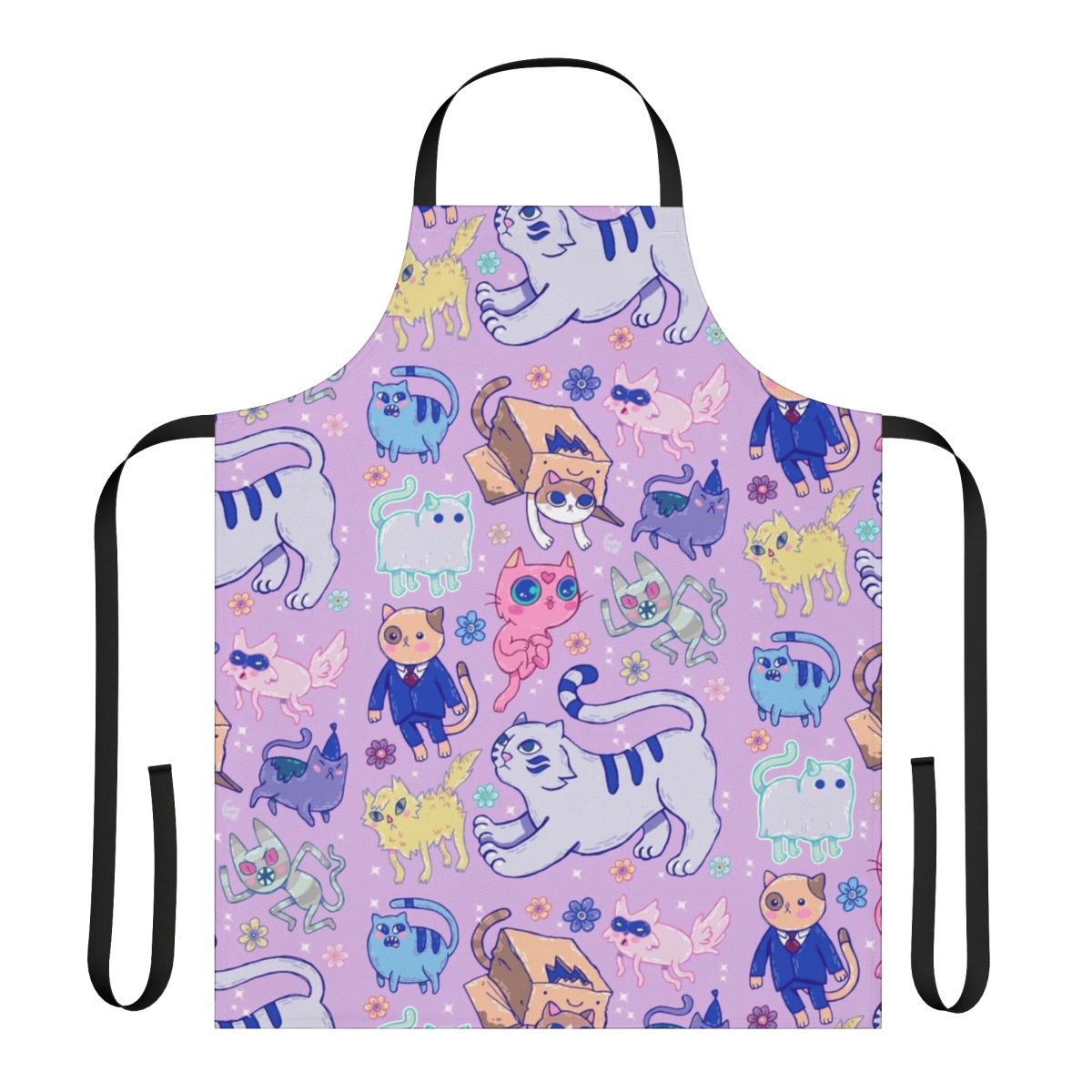 Colorful digital illustration of a cat wearing an apron, featuring characters and elements from the "Adventure Time" cartoon series.