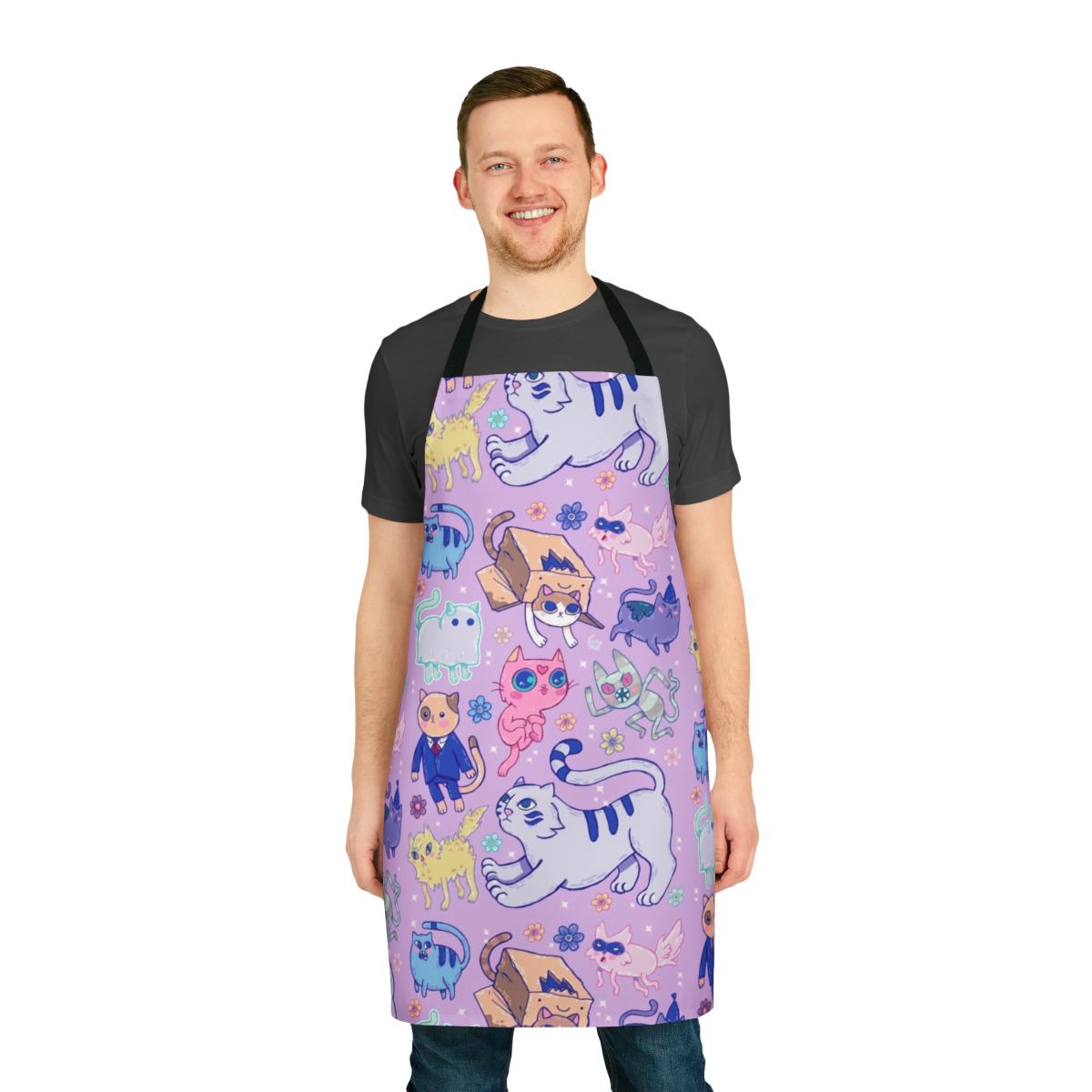 Colorful digital illustration of a cat wearing an apron, featuring characters and elements from the "Adventure Time" cartoon series.