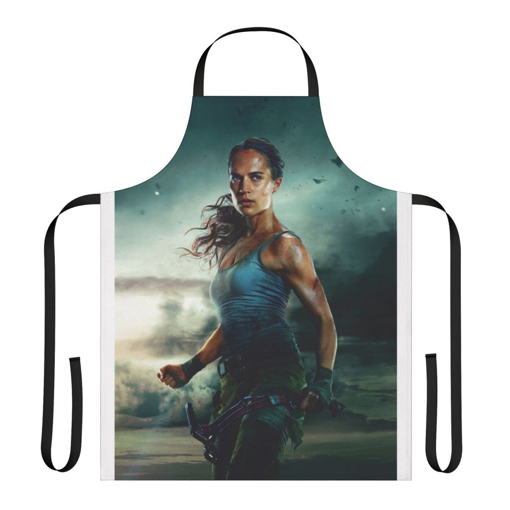 Apron featuring a design inspired by the Tomb Raider movie character Lara Croft, played by Alicia Vikander.
