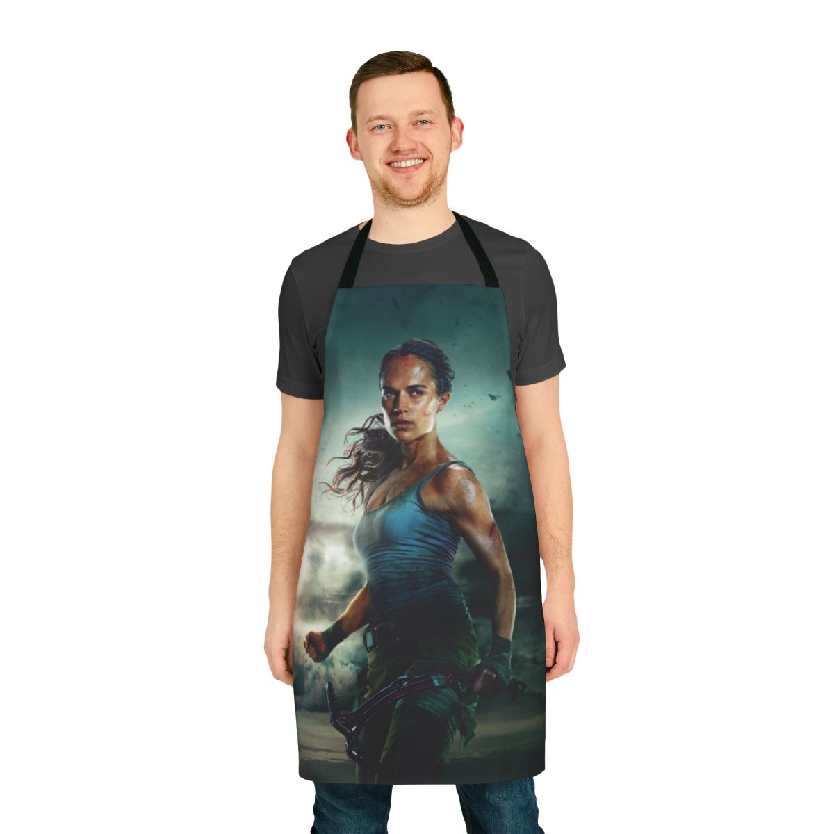 Apron featuring a design inspired by the Tomb Raider movie character Lara Croft, played by Alicia Vikander.