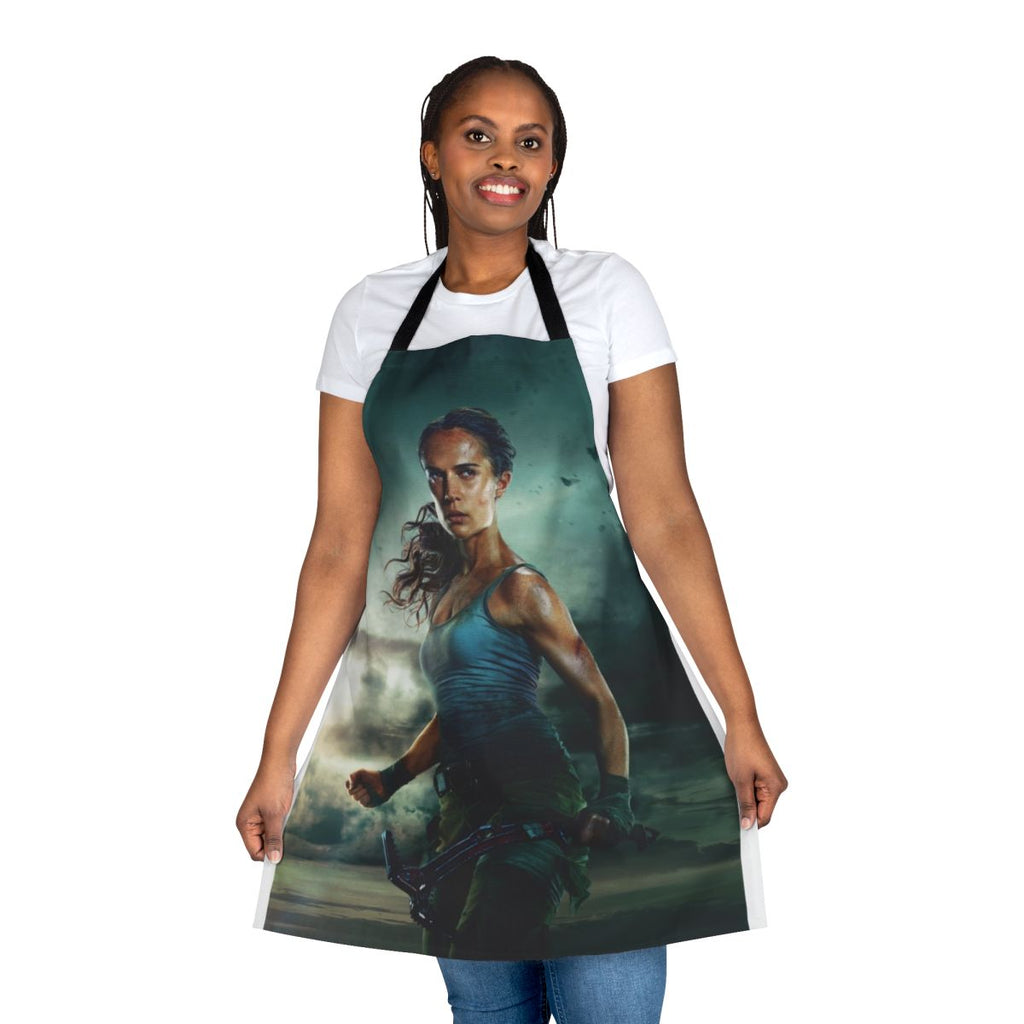 Apron featuring a design inspired by the Tomb Raider movie character Lara Croft, played by Alicia Vikander.