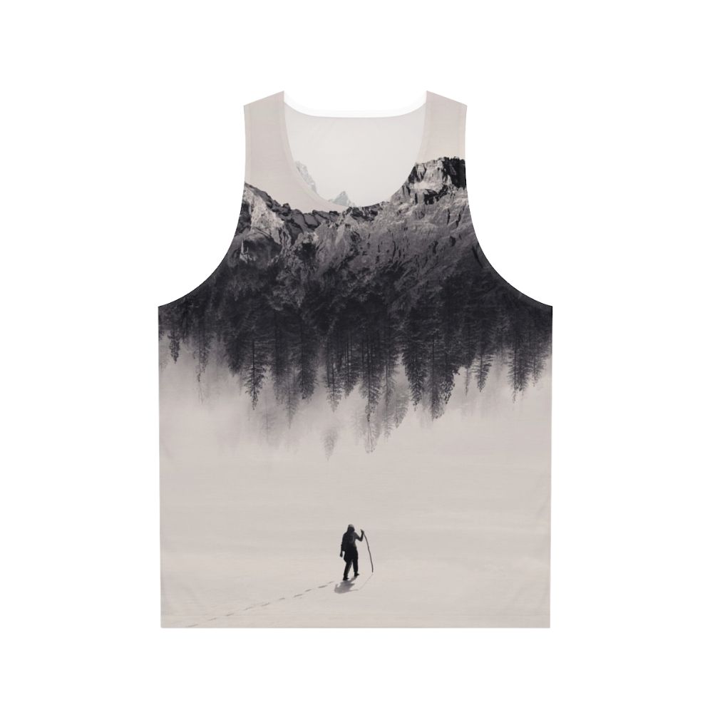 Adventurous unisex tank top featuring a nature-inspired double exposure design