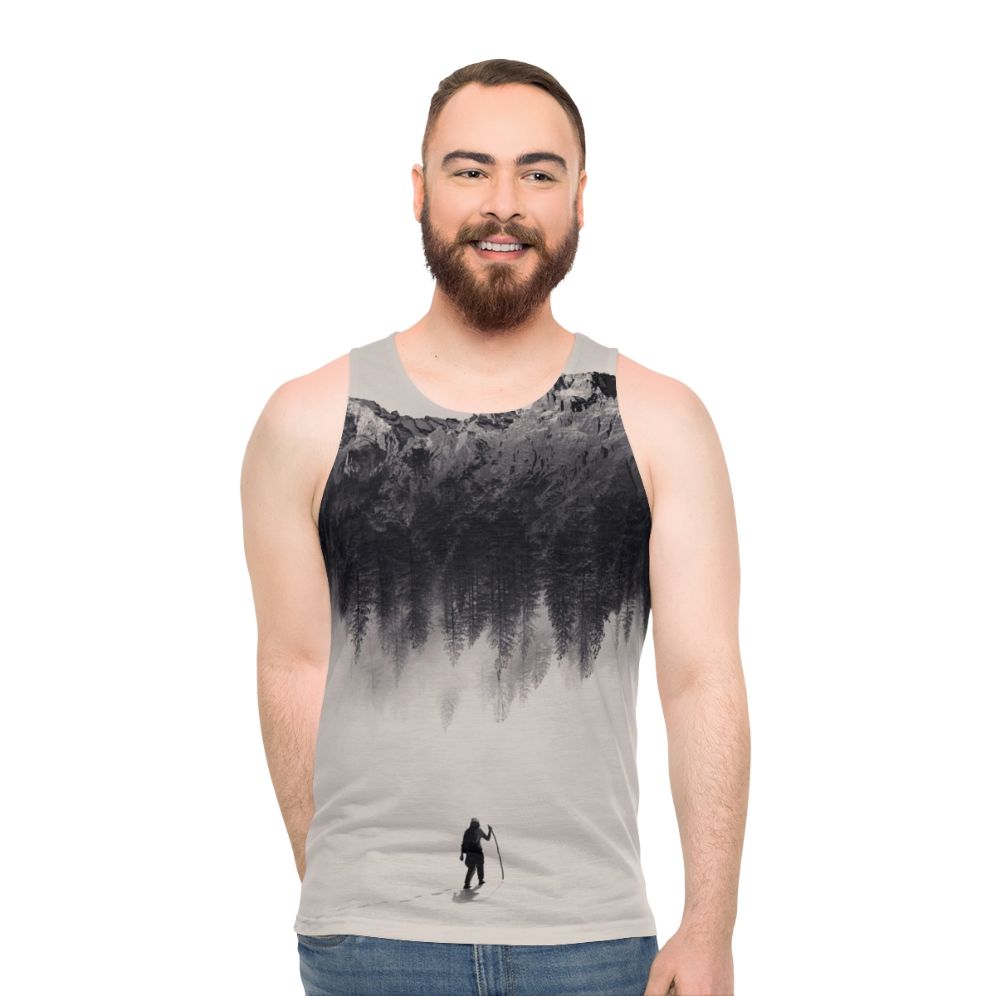 Adventurous unisex tank top featuring a nature-inspired double exposure design