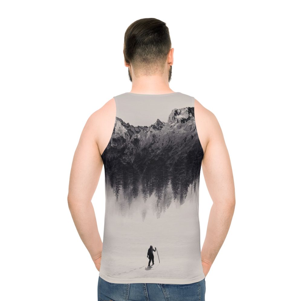 Adventurous unisex tank top featuring a nature-inspired double exposure design