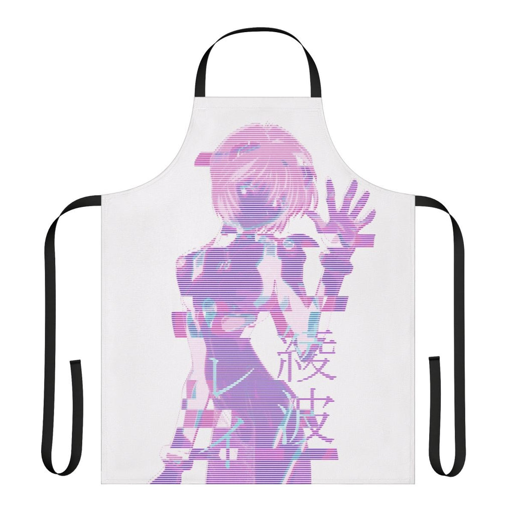 A white apron featuring an eye-catching design with aesthetic and vaporwave influences, including elements from the anime series Neon Genesis Evangelion and the character Rei Ayanami.