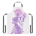 A white apron featuring an eye-catching design with aesthetic and vaporwave influences, including elements from the anime series Neon Genesis Evangelion and the character Rei Ayanami.