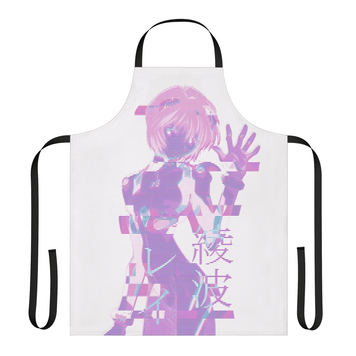 A white apron featuring an eye-catching design with aesthetic and vaporwave influences, including elements from the anime series Neon Genesis Evangelion and the character Rei Ayanami.