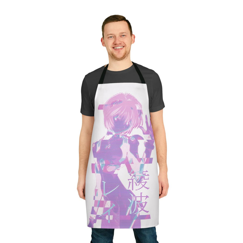 A white apron featuring an eye-catching design with aesthetic and vaporwave influences, including elements from the anime series Neon Genesis Evangelion and the character Rei Ayanami.