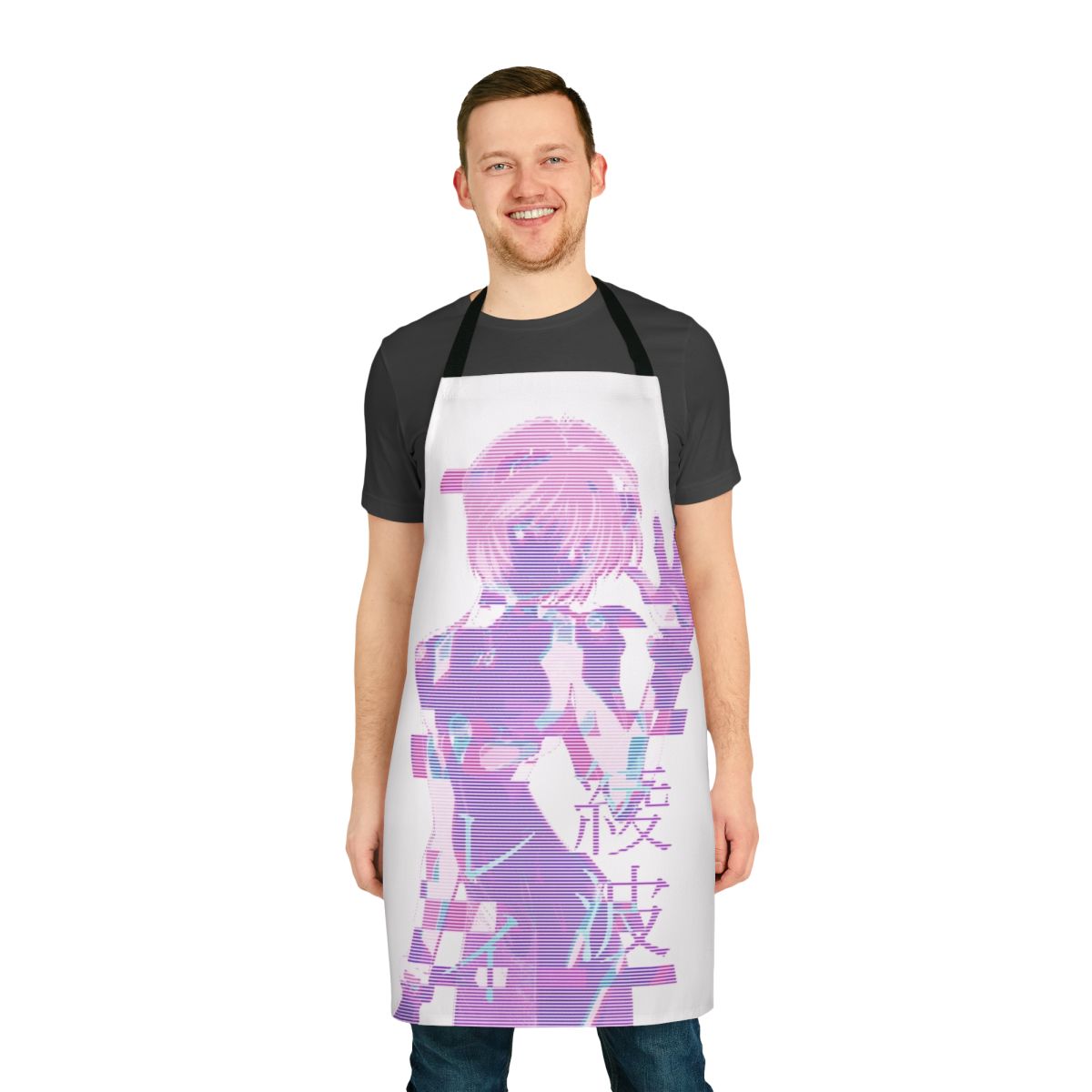 A white apron featuring an eye-catching design with aesthetic and vaporwave influences, including elements from the anime series Neon Genesis Evangelion and the character Rei Ayanami.