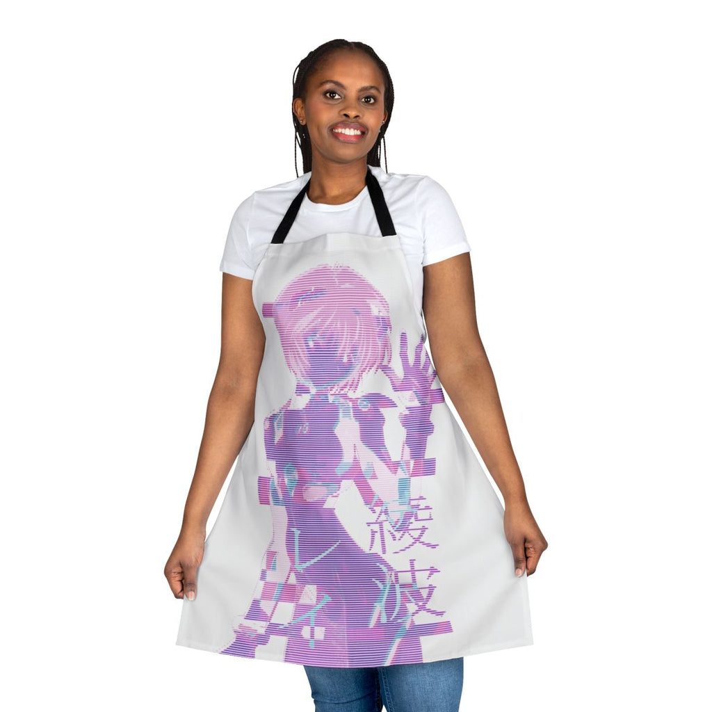 A white apron featuring an eye-catching design with aesthetic and vaporwave influences, including elements from the anime series Neon Genesis Evangelion and the character Rei Ayanami.
