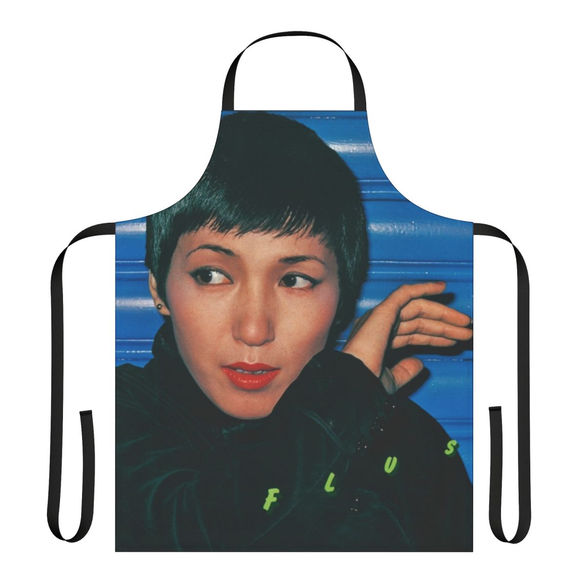 Vibrant vaporwave-inspired apron featuring a retro Japanese aesthetic design