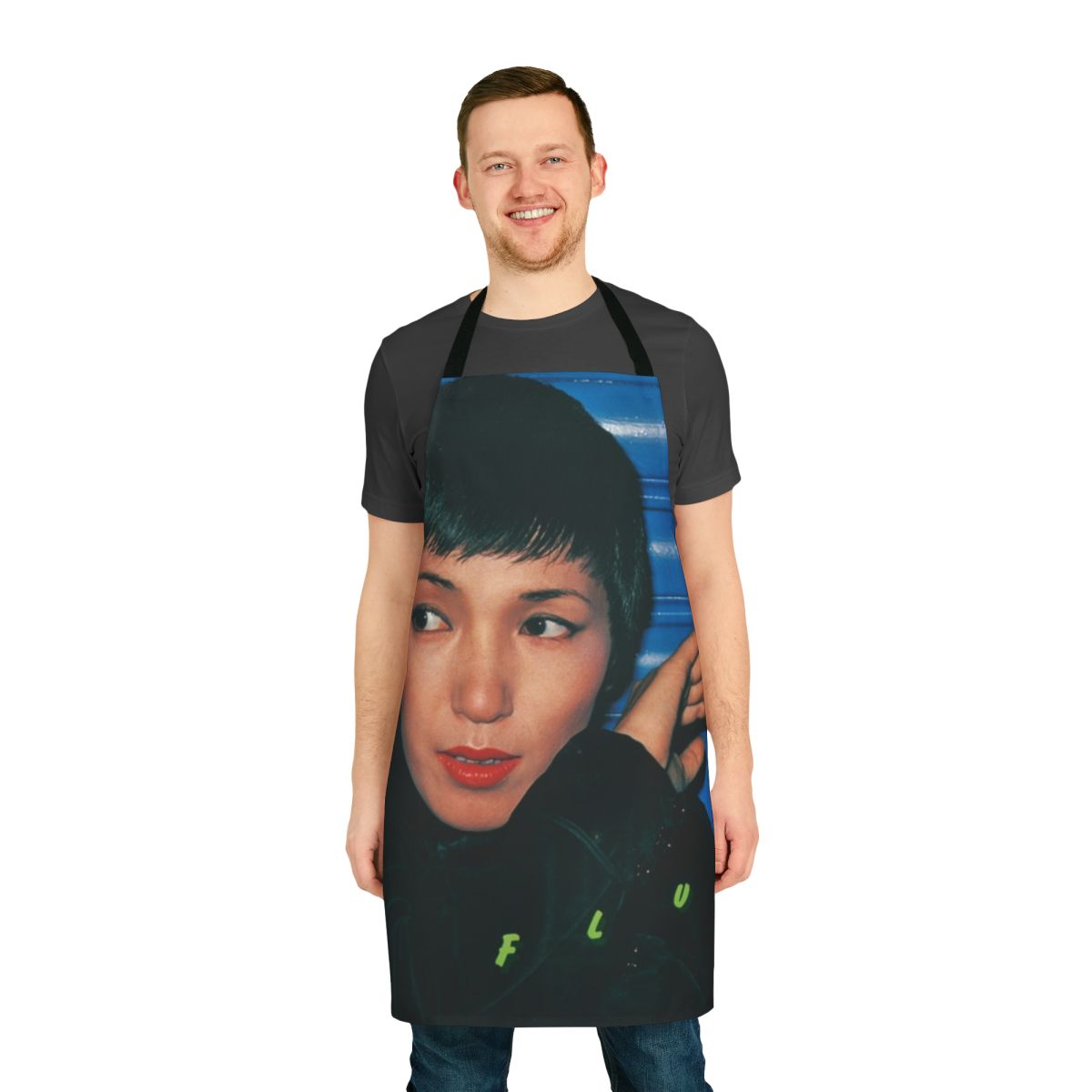 Vibrant vaporwave-inspired apron featuring a retro Japanese aesthetic design