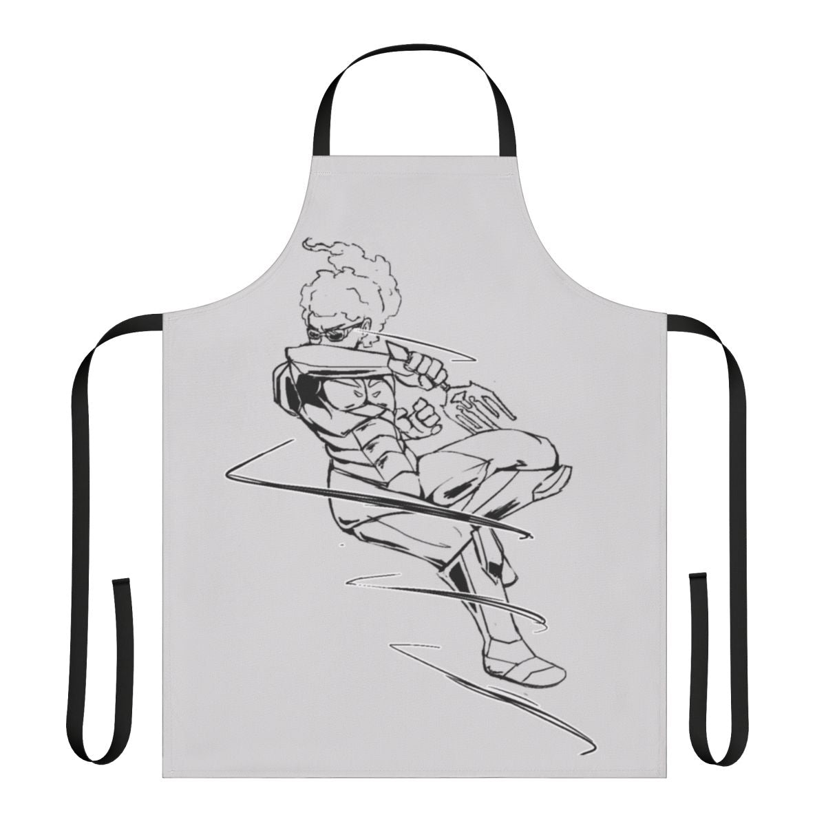 Apron featuring a stylized afro superhero character in a heroic transformation pose