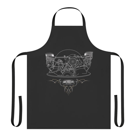 Classic car enthusiast wearing an apron featuring an aircooled engine design