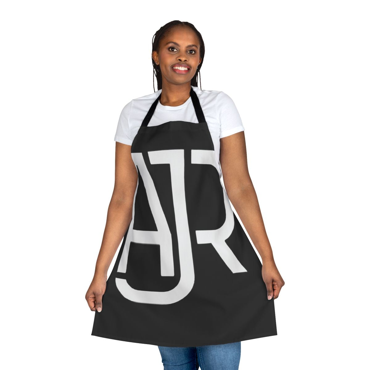 AJR inspired white logo classic t-shirt apron with transparent background