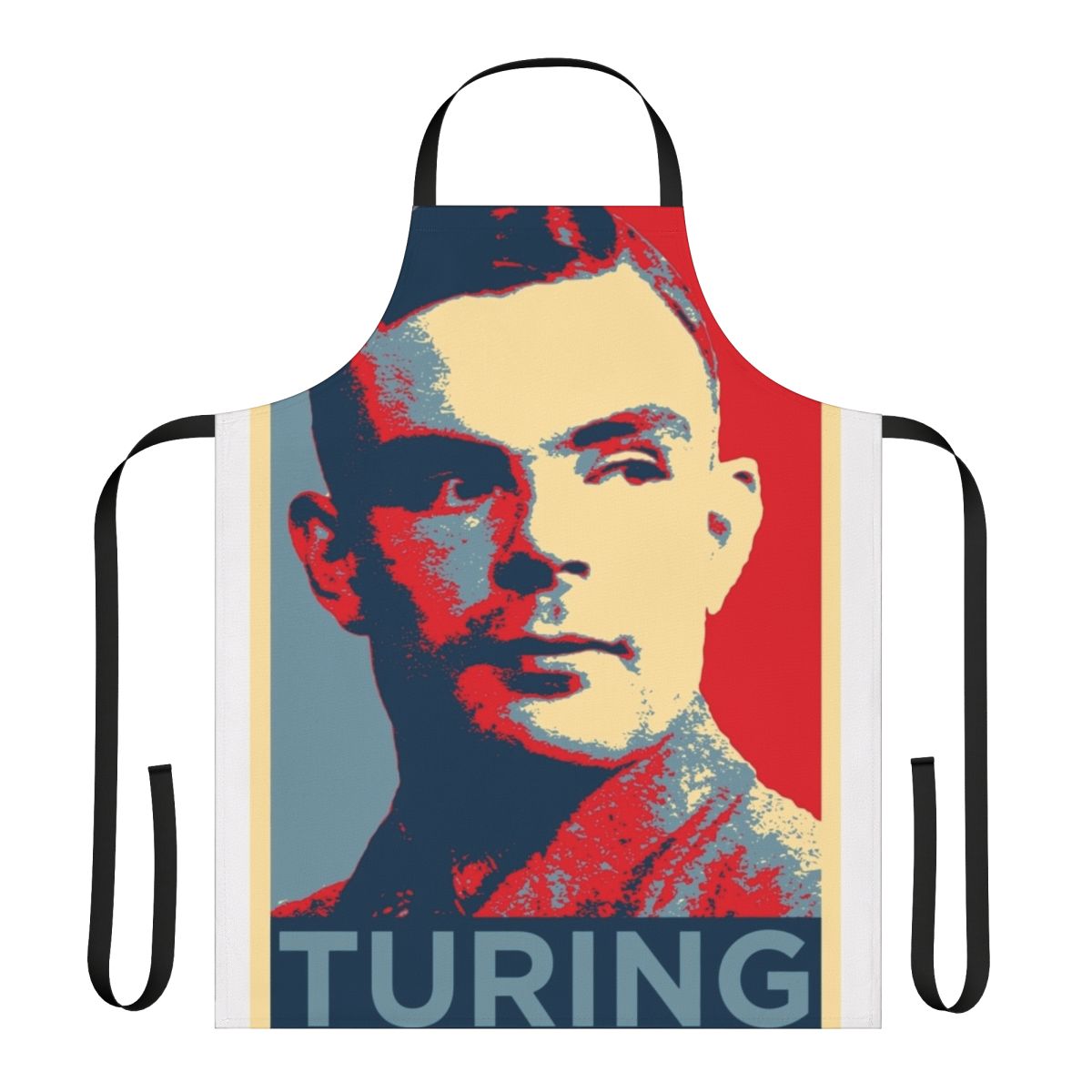An apron featuring the name and silhouette of Alan Turing, a pioneering computer scientist.