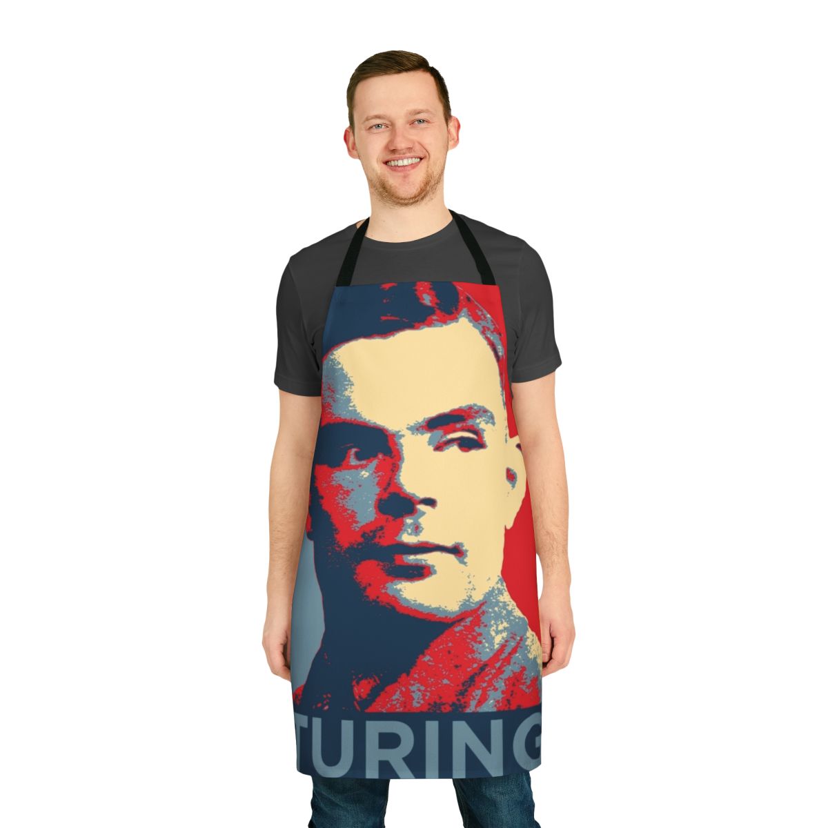An apron featuring the name and silhouette of Alan Turing, a pioneering computer scientist.