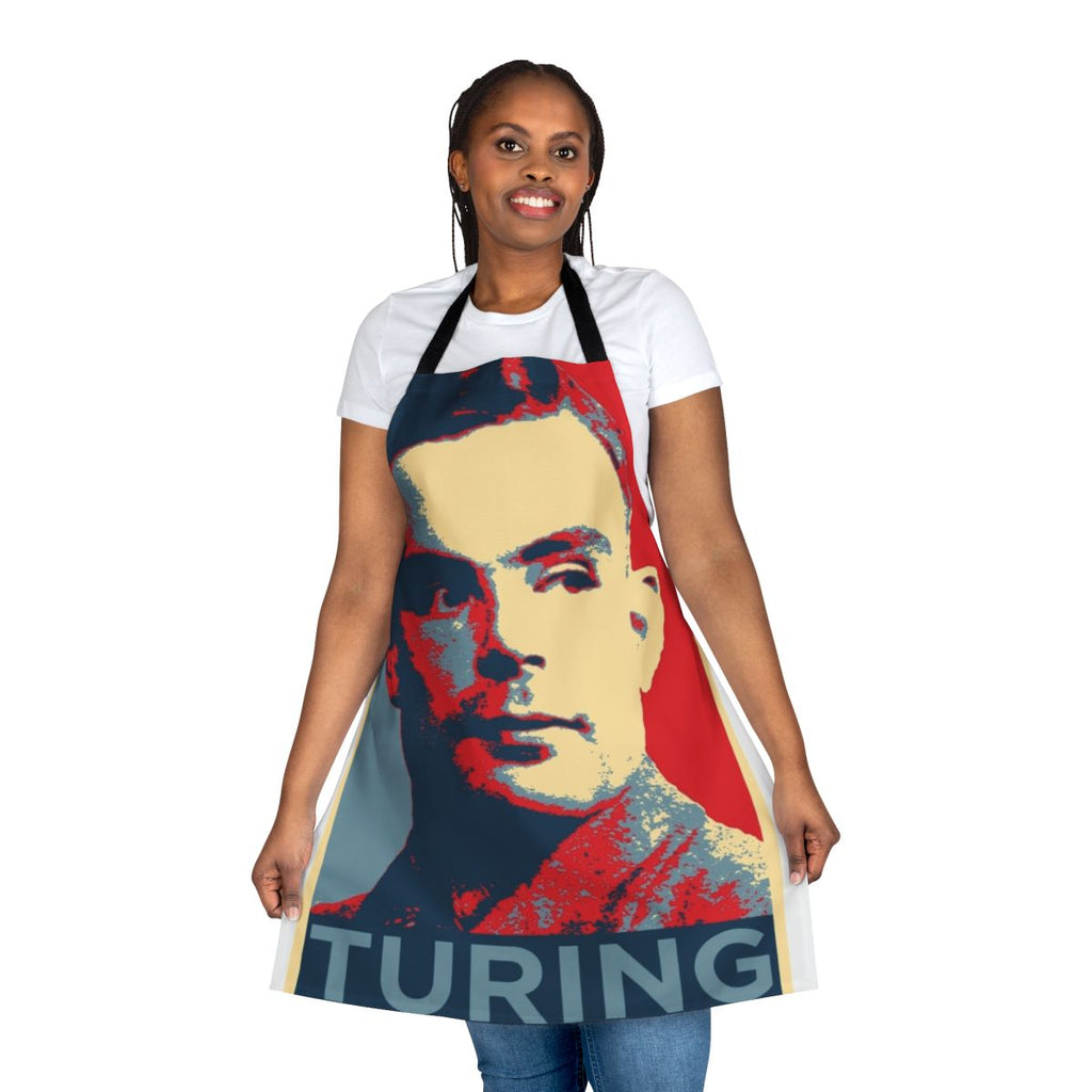 An apron featuring the name and silhouette of Alan Turing, a pioneering computer scientist.