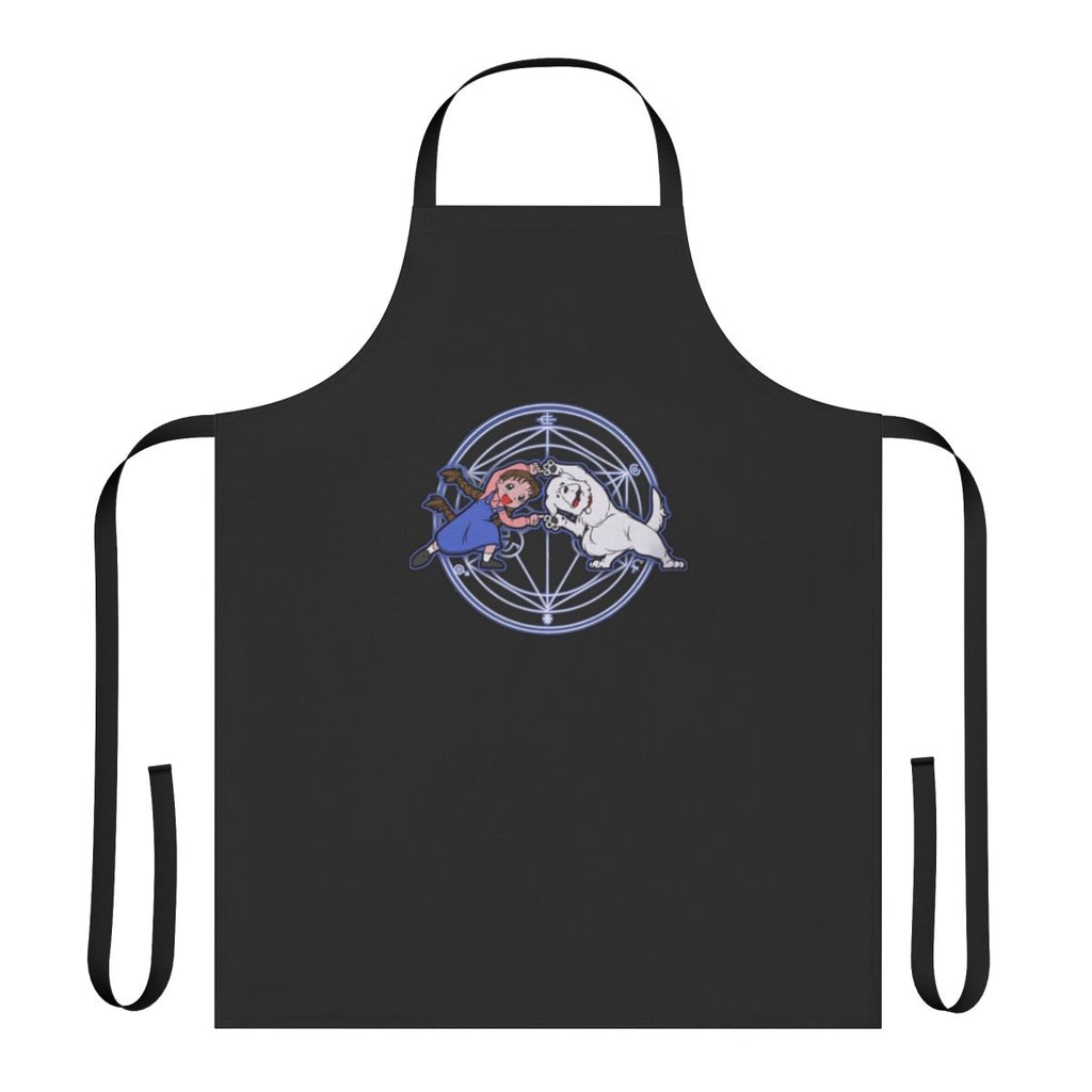 Apron with Fullmetal Alchemist-inspired design, featuring alchemical symbols and characters.
