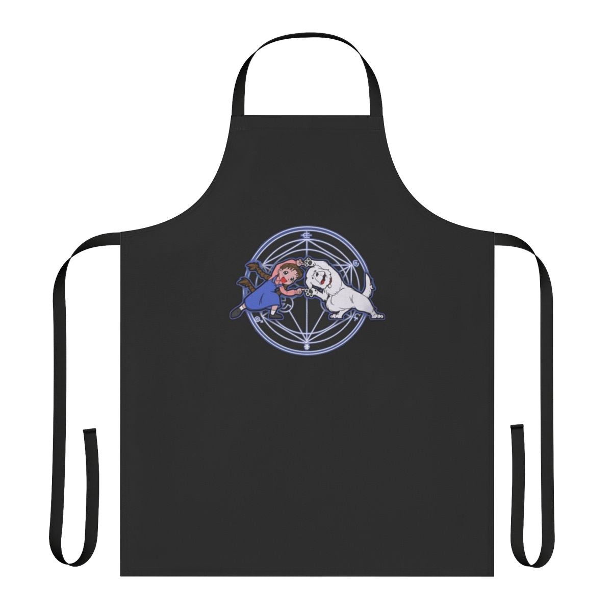 Apron with Fullmetal Alchemist-inspired design, featuring alchemical symbols and characters.