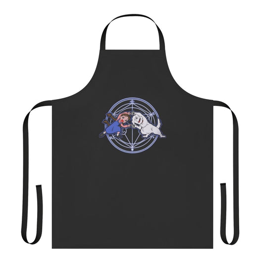 Apron with Fullmetal Alchemist-inspired design, featuring alchemical symbols and characters.