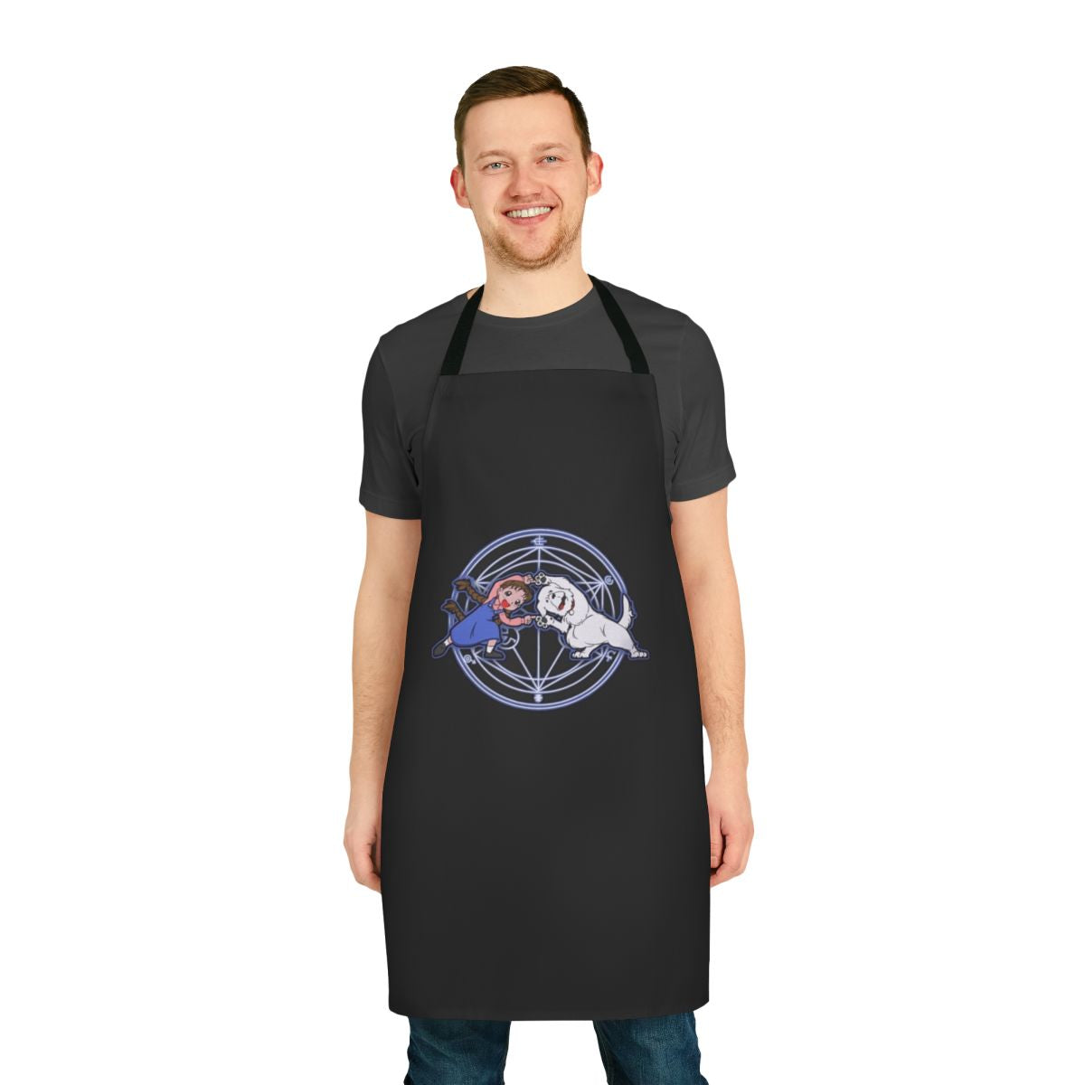 Apron with Fullmetal Alchemist-inspired design, featuring alchemical symbols and characters.