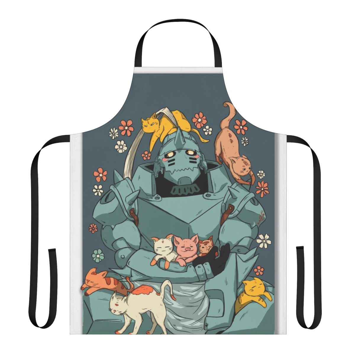 Fullmetal Alchemist-inspired apron featuring anime characters and alchemy symbolism