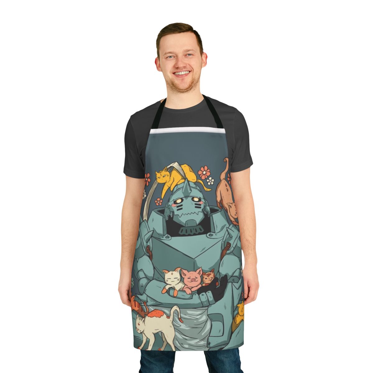 Fullmetal Alchemist-inspired apron featuring anime characters and alchemy symbolism