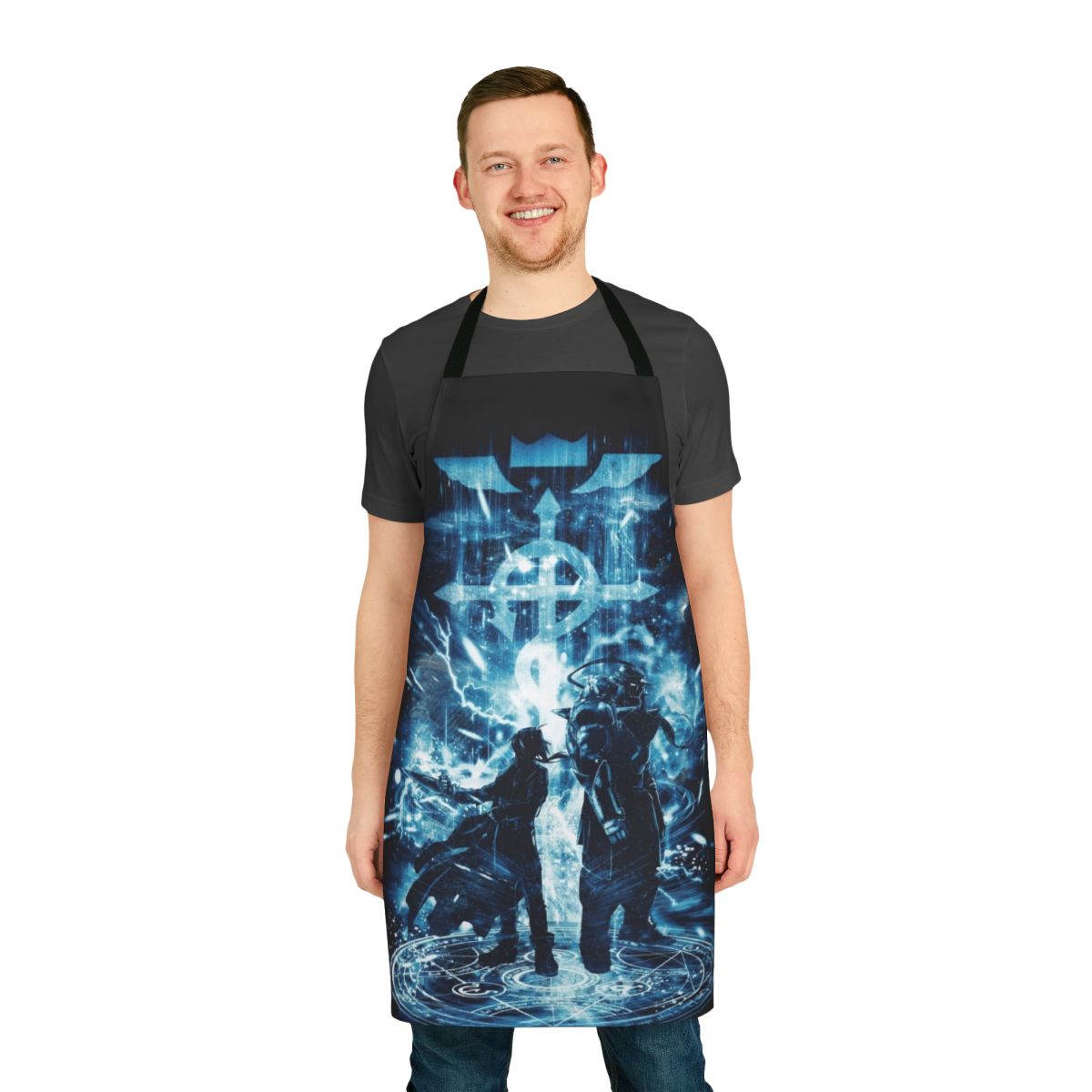 Apron featuring alchemical symbols and the Elric brothers from the anime Full Metal Alchemist