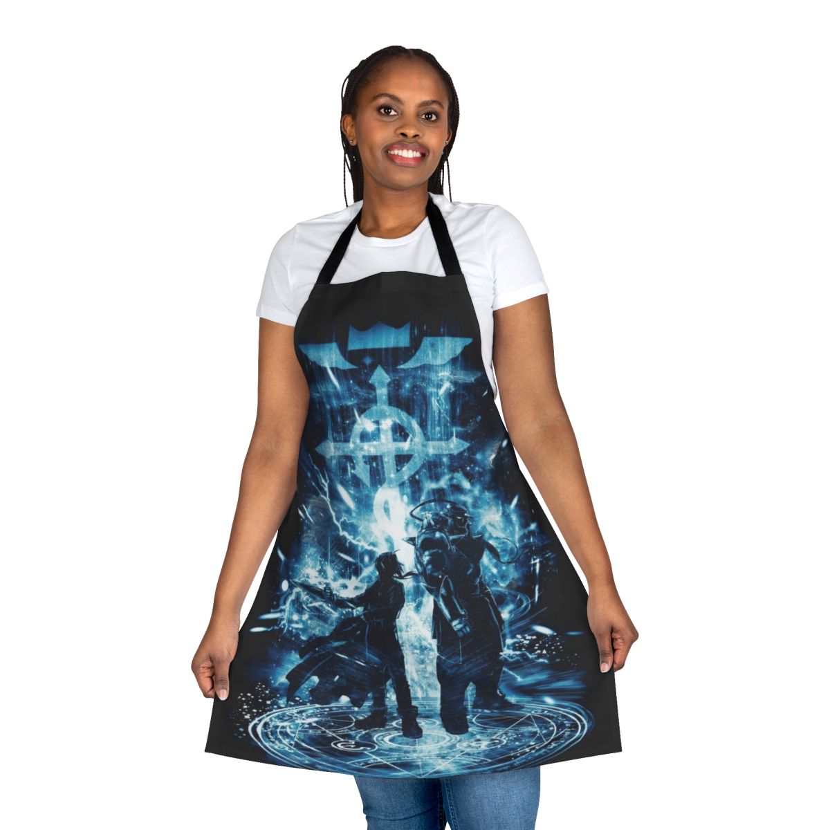 Apron featuring alchemical symbols and the Elric brothers from the anime Full Metal Alchemist