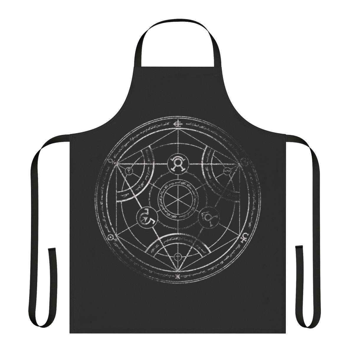 Weathered cotton apron with hand-drawn human transmutation circle design, a nod to the iconic Fullmetal Alchemist anime.