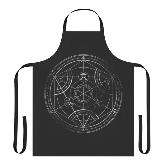 Weathered cotton apron with hand-drawn human transmutation circle design, a nod to the iconic Fullmetal Alchemist anime.