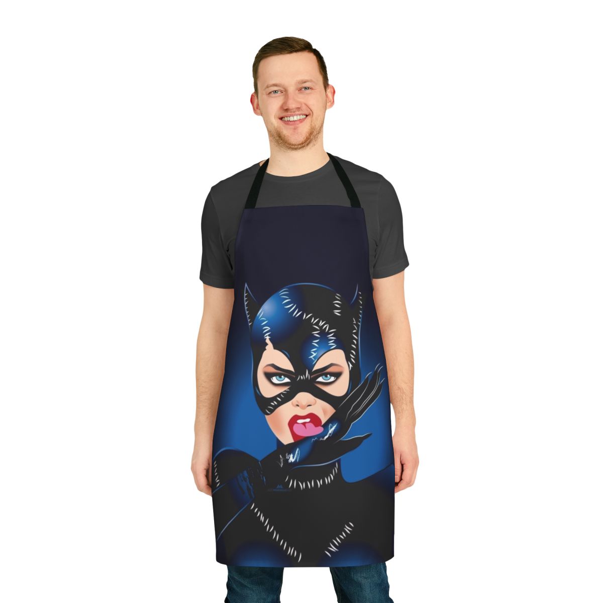 Apron featuring Alejandro Mogollo's distinctive artwork